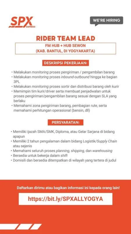 Team Lead SOC – SPX Express, Kab. Tuban, Jatim